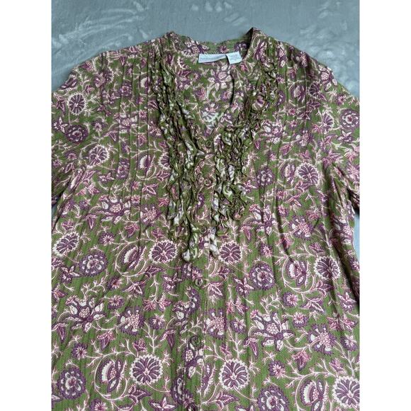 Soft Surroundings Top Womens Small Green Purple Floral Ruffle V Neck Button Down - Picture 4 of 14